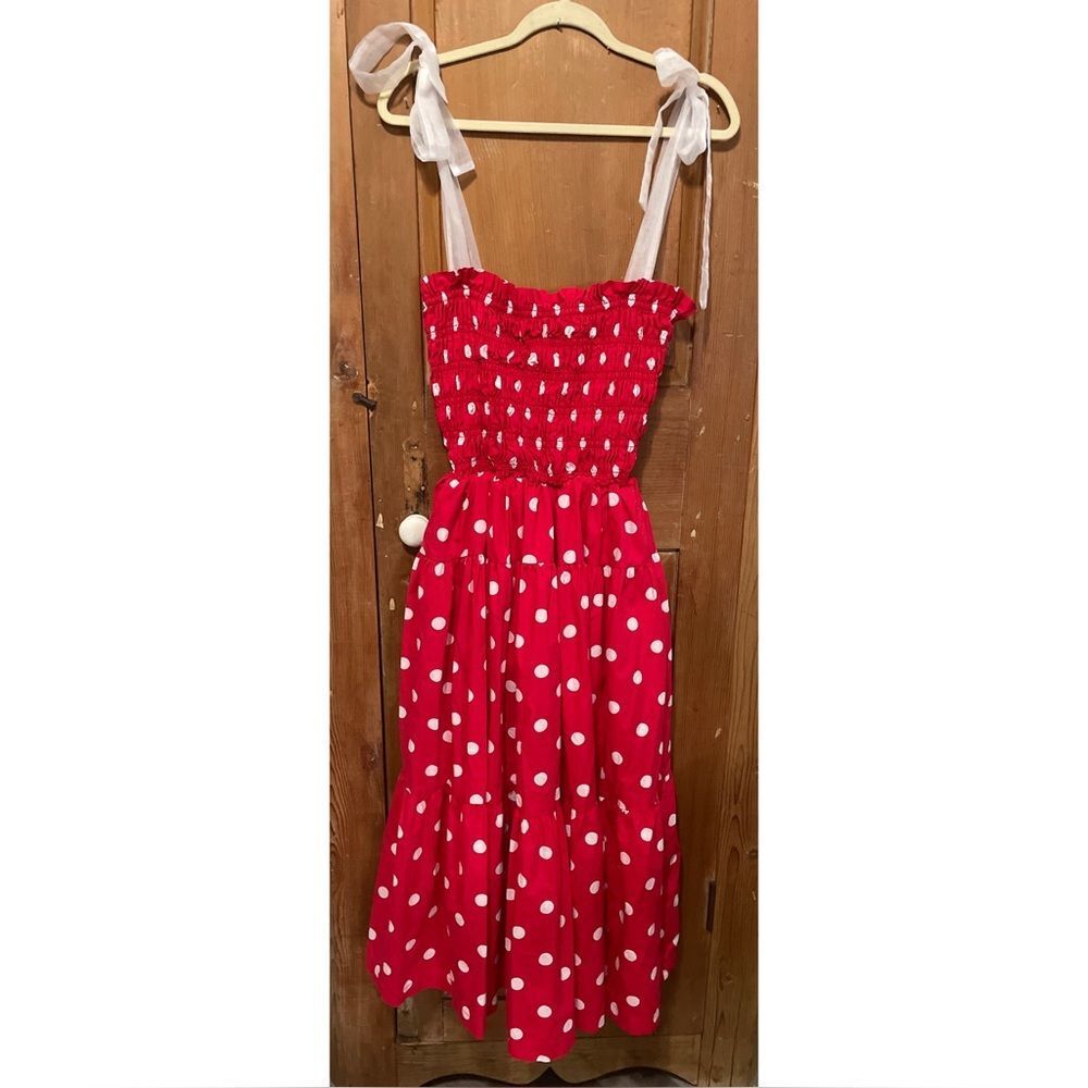 En Saison Red White Coquette Polka Dot Sheer Straps Midi Dress